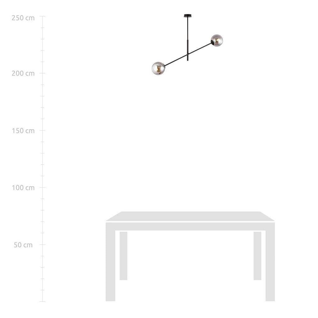 Hanglamp gepoedercoat staal en glas, modern Linear 2 zwart met grafiet glas, 2 lichtpunten, hoogte verstelbaar