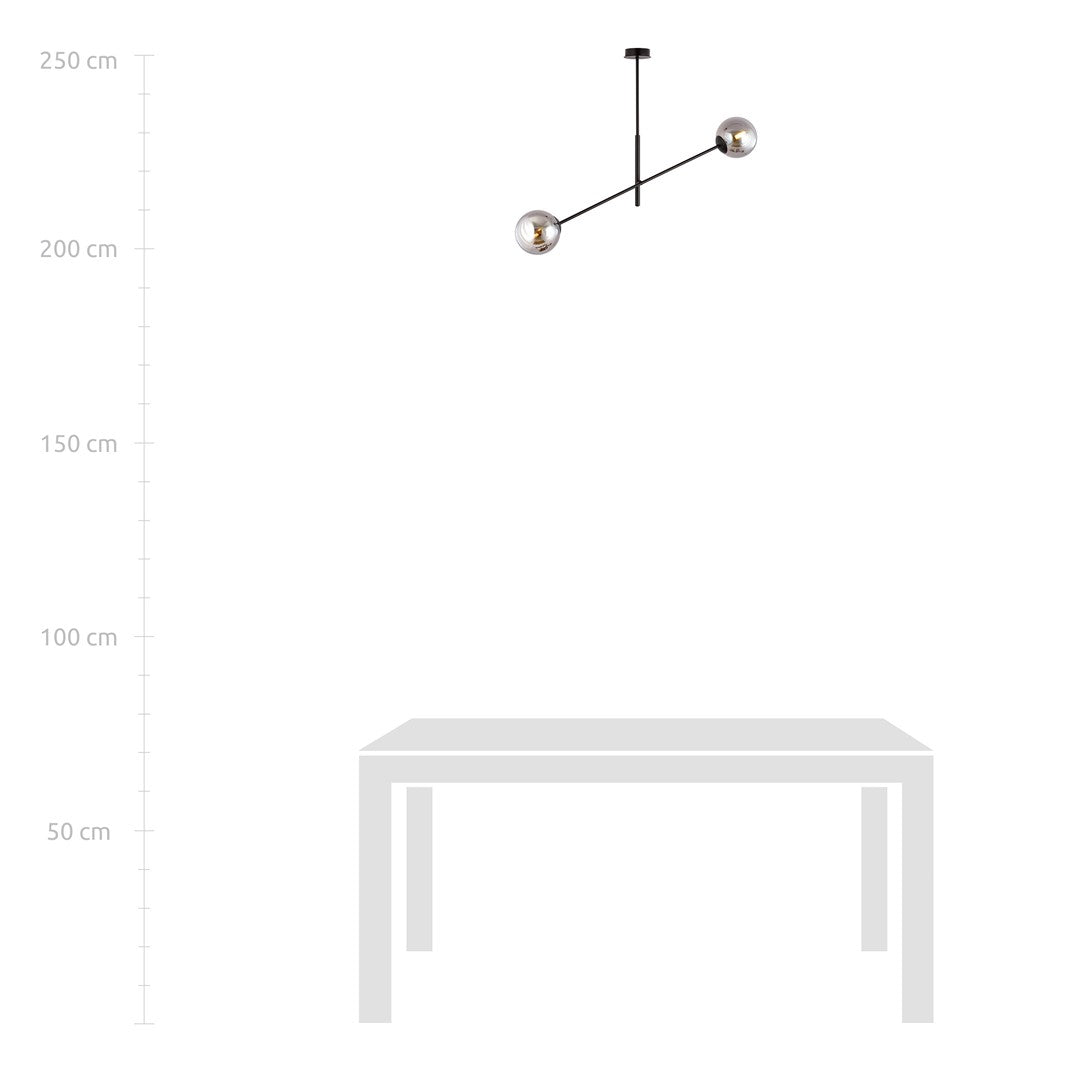 Hanglamp gepoedercoat staal en glas, modern Linear 2 zwart met grafiet glas, 2 lichtpunten, hoogte verstelbaar