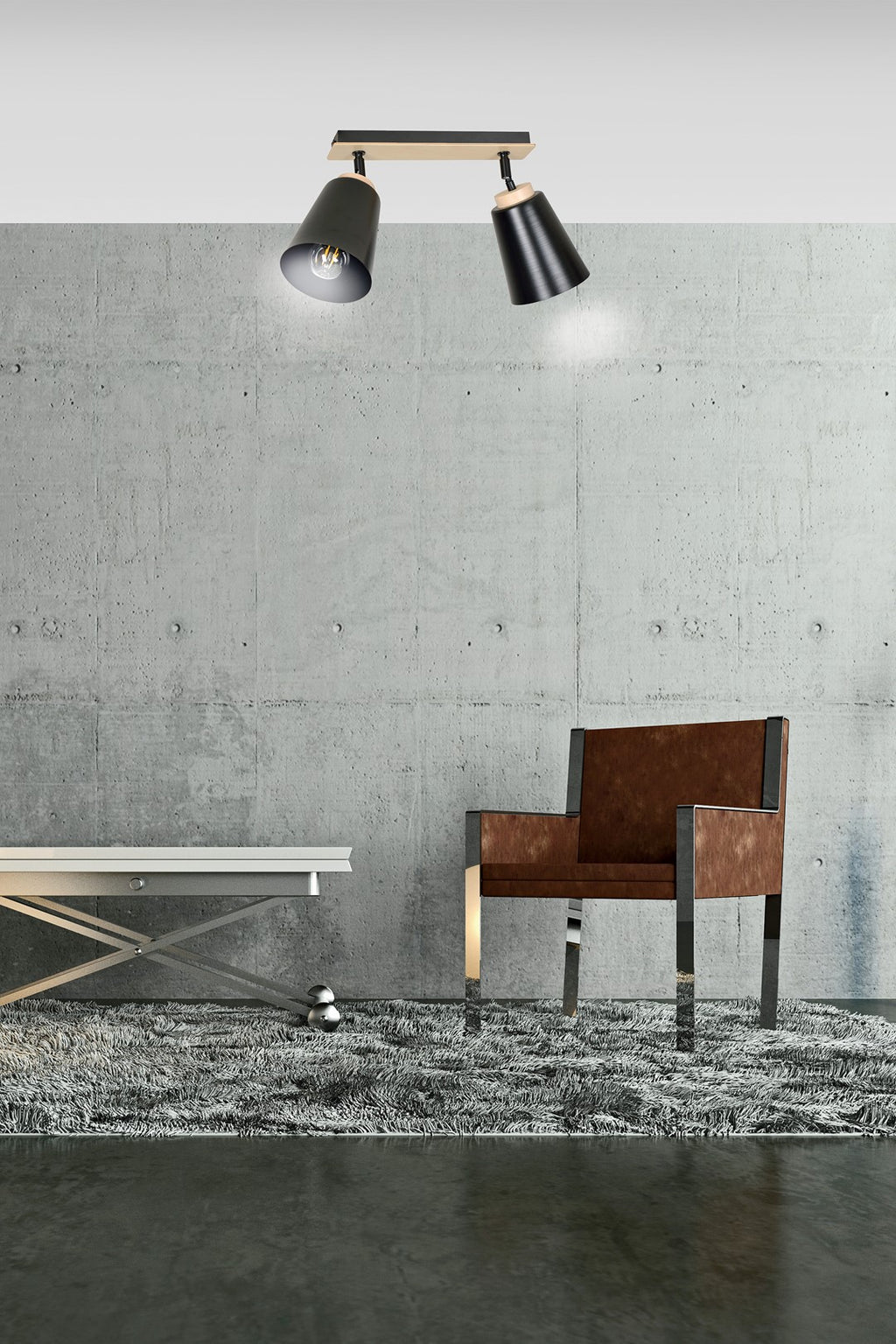 Plafondlamp gepoedercoat staal en multiplex Atlas, Scandinavisch zwart, 2 spots met E27-fitting, 55 x 30 cm