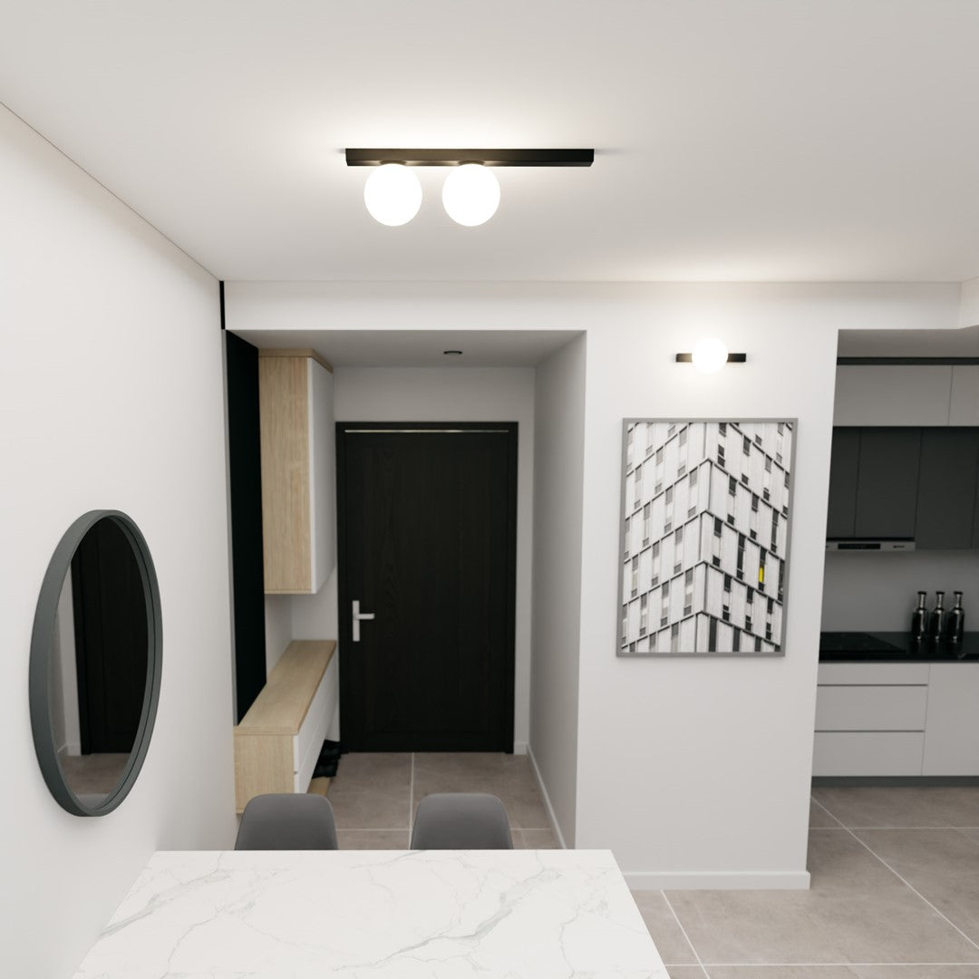 Plafondlamp gepoedercoat staal en glas, minimalistisch Fit, zwart met wit glas, 60 x 17 cm, 2 fittingen E14