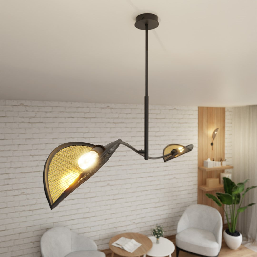 Plafondlamp Lotus gepoedercoat staal, modern, zwart met goud, 2 lichtpunten, 103 x 60 cm, woonkamer en slaapkamer