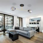 Plafondlamp gepoedercoat staal en glas, Magnum, zwart en goud met grafiet glazen kappen, 2 lichts, 55 cm breed