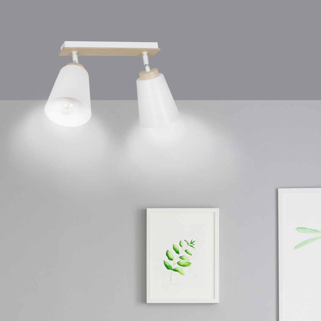 Plafondlamp staal en multiplex Scandinavisch Atlas wit, 2 spots met E27-fitting voor lage plafonds