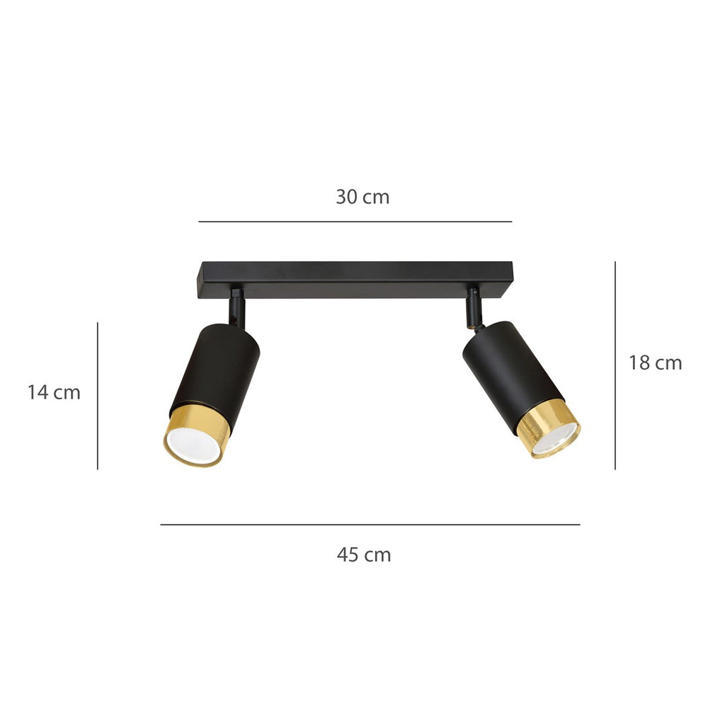Plafondlamp gepoedercoat staal modern Hiro zwart met goud, 2 richtbare spots, 30 cm breed