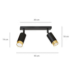 Plafondlamp gepoedercoat staal modern Hiro zwart met goud, 2 richtbare spots, 30 cm breed