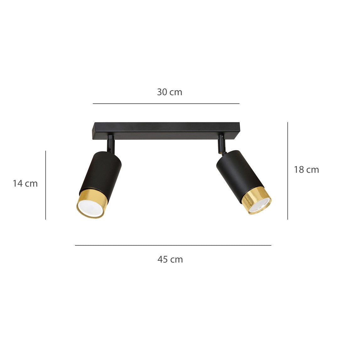 Plafondlamp gepoedercoat staal modern Hiro zwart met goud, 2 richtbare spots, 30 cm breed