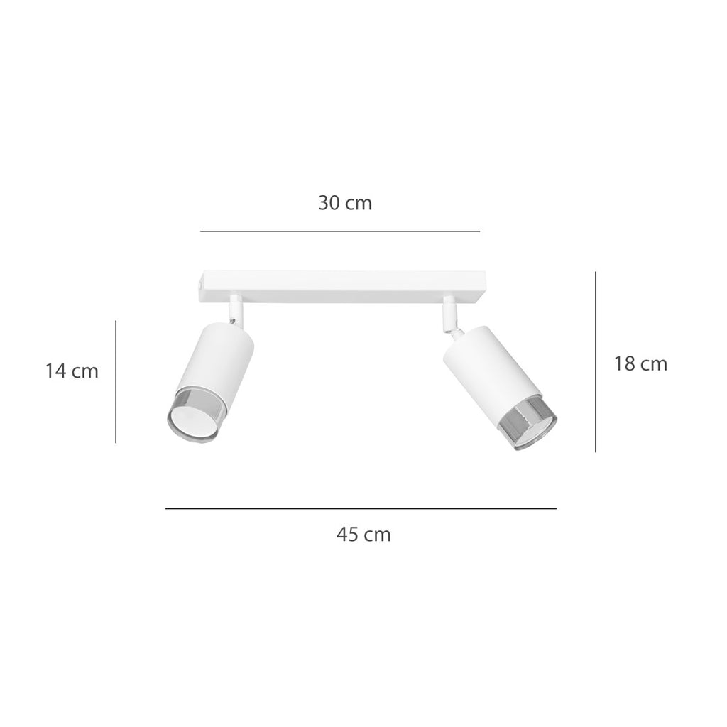 Plafondlamp gepoedercoat staal Hiro 2 spots, wit met zilver, 30 x 19 cm, voor hal en keuken