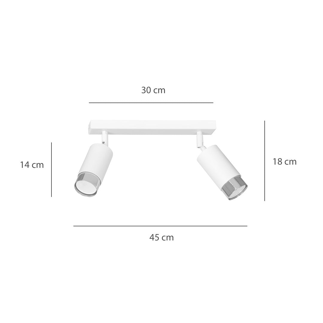 Plafondlamp gepoedercoat staal Hiro 2 spots, wit met zilver, 30 x 19 cm, voor hal en keuken