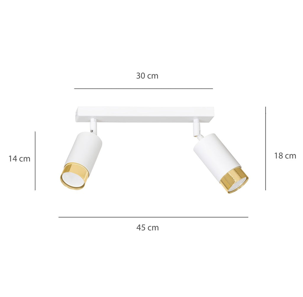 Plafondlamp gepoedercoat staal Hiro modern wit en goud, 2 spots met GU10-fitting, 30 cm breed