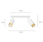 Plafondlamp gepoedercoat staal Hiro modern wit en goud, 2 spots met GU10-fitting, 30 cm breed
