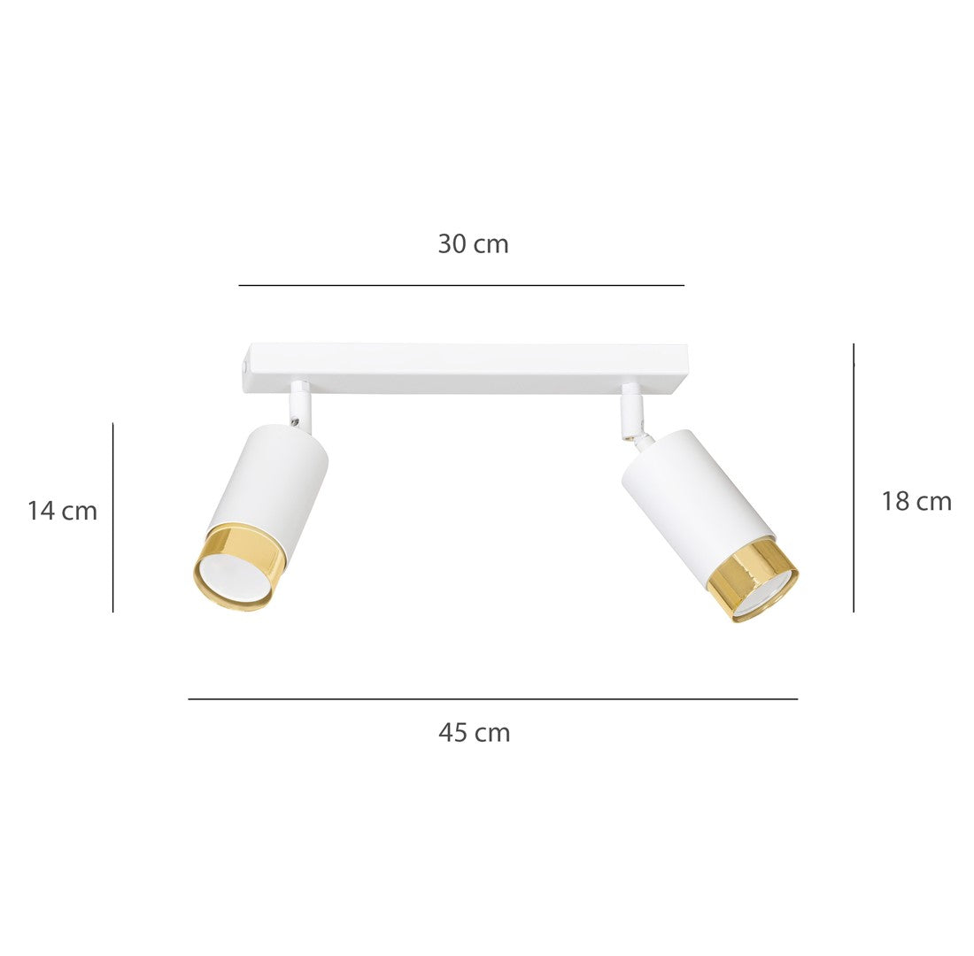 Plafondlamp gepoedercoat staal Hiro modern wit en goud, 2 spots met GU10-fitting, 30 cm breed
