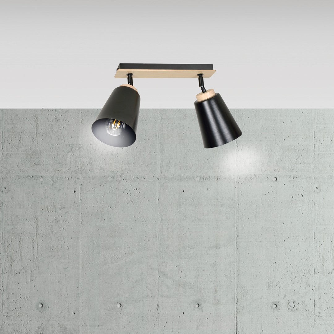 Plafondlamp gepoedercoat staal en multiplex Atlas, Scandinavisch zwart, 2 spots met E27-fitting, 55 x 30 cm