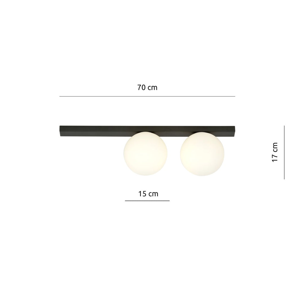 Plafondlamp gepoedercoat staal en glas, minimalistisch Fit, zwart met wit glas, 60 x 17 cm, 2 fittingen E14