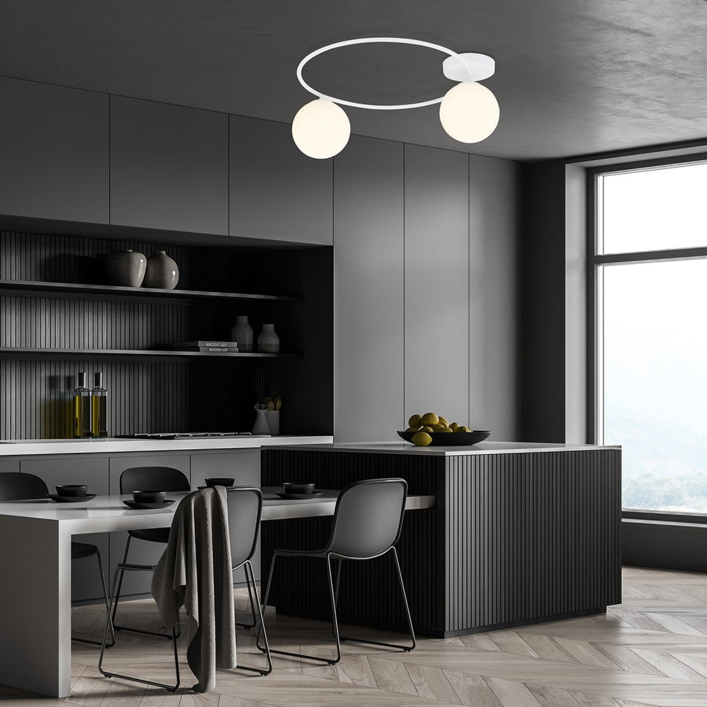 Plafondlamp gepoedercoat staal en glas Sopra 2 minimalistisch wit, 2 lichtpunten E14, breedte 47 cm