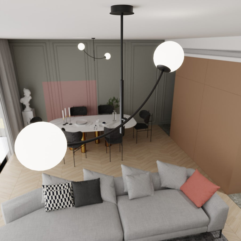 Plafondlamp gepoedercoat staal modern Hunter zwart met witte glazen kappen, 83 x 60 cm, 2 fittingen