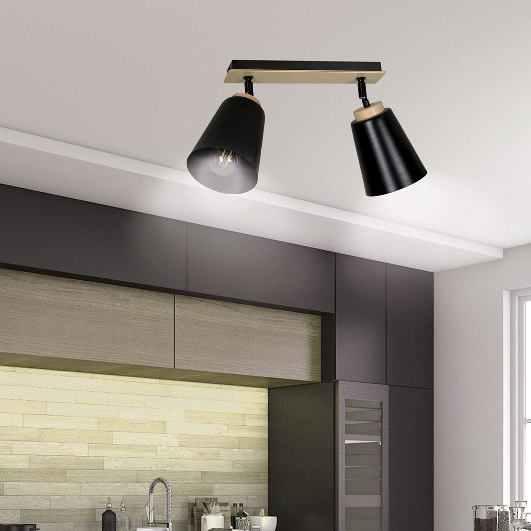 Plafondlamp gepoedercoat staal en multiplex Atlas, Scandinavisch zwart, 2 spots met E27-fitting, 55 x 30 cm