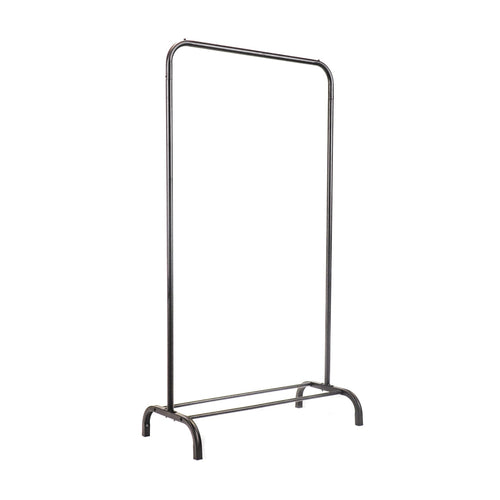 Zwart metalen kledingrek met open frame, bovenstang en onderrail op boogvormige voeten