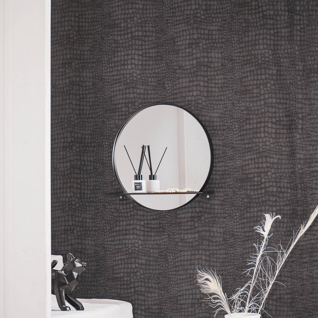 Spiegel metaal rond met plank zwart Ø 40 cm, voor hal, slaapkamer of boven dressoir