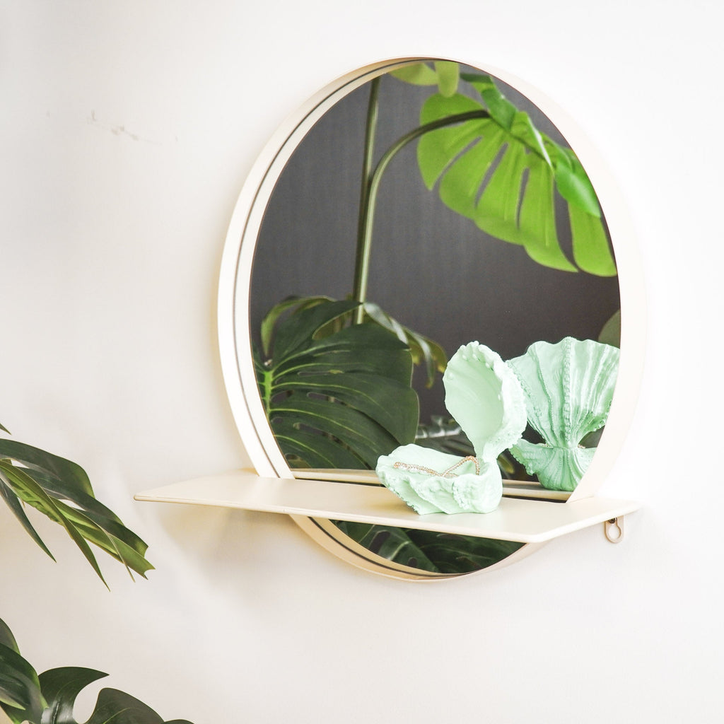 Spiegel rond metaal met plank, zand – Ø 40 cm, voor hal, badkamer of boven een dressoir