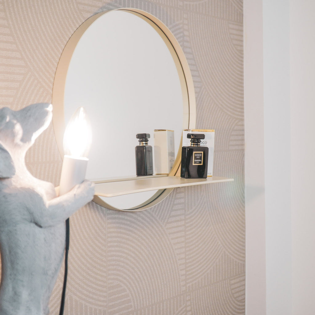 Spiegel rond metaal met plank, zand – Ø 40 cm, voor hal, badkamer of boven een dressoir
