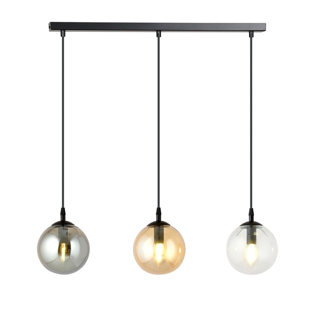 Zwarte hanglamp met drie glazen bolkappen in grafiet, amber en transparant aan een smalle balk