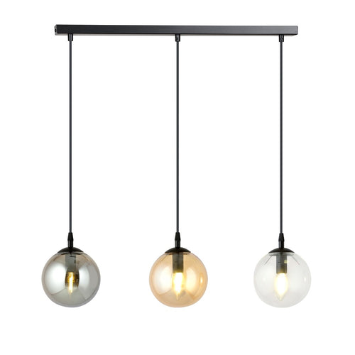 Zwarte hanglamp met drie glazen bolkappen in grafiet, amber en transparant aan een smalle balk