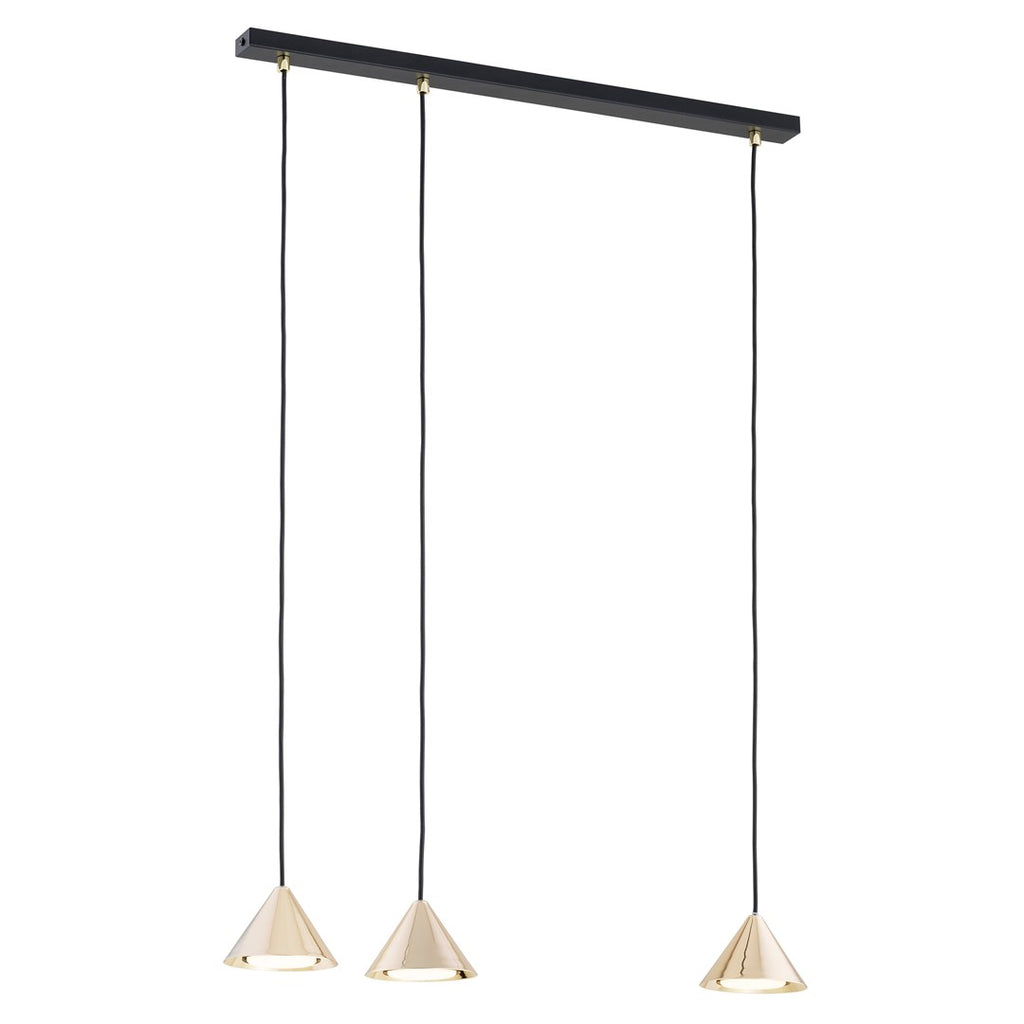 Hanglamp met drie gouden conische kappen aan zwarte snoeren onder een langwerpig zwart frame