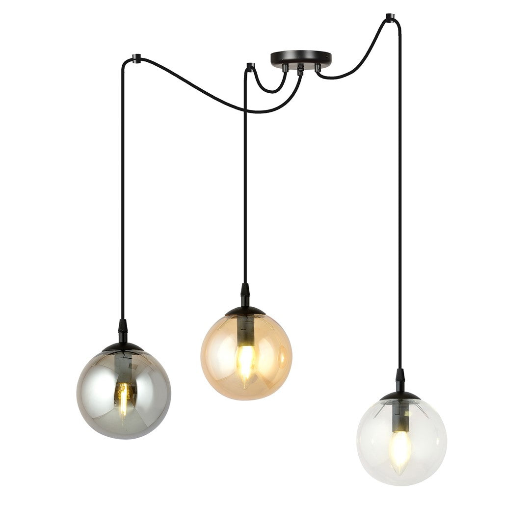 Zwarte hanglamp met drie glazen bollen in grafiet, amber en transparant aan lange zwarte snoeren