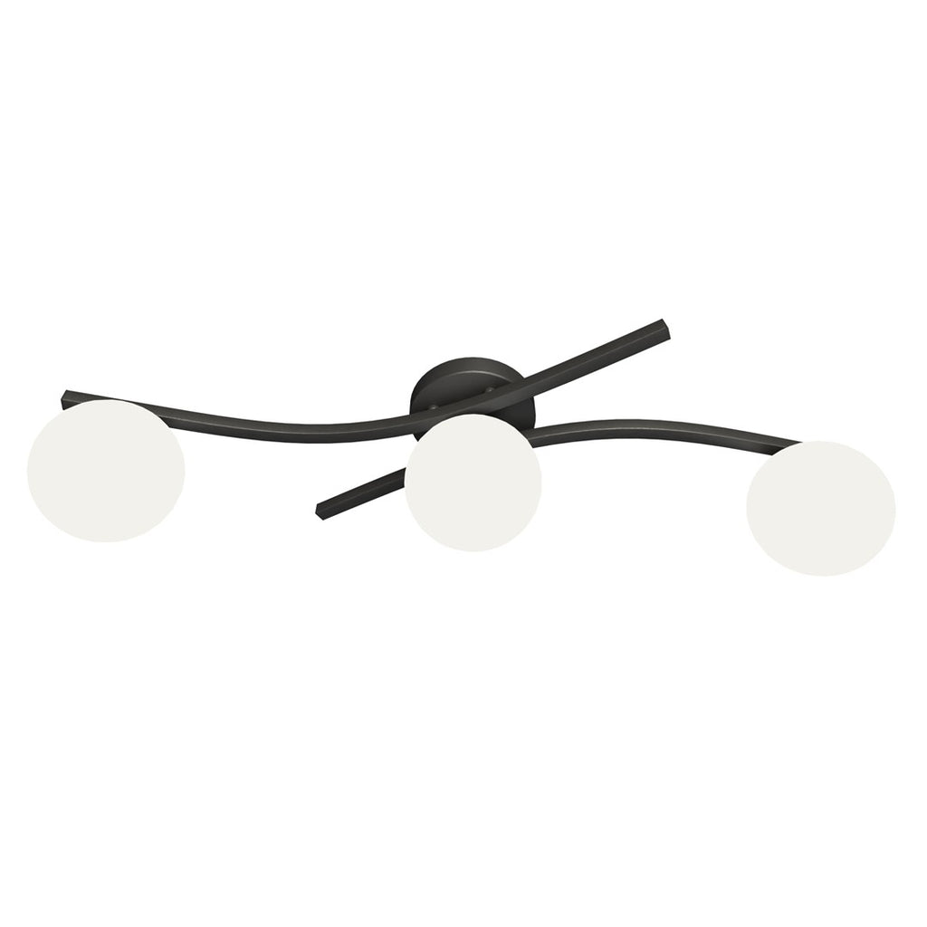 Zwarte plafondlamp met drie ronde witte glazen kappen aan gebogen armen