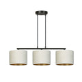 Hanglamp met drie witte stoffen kappen met goudkleurige binnenzijde aan een zwart stalen frame