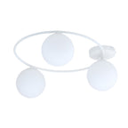 Witte plafondlamp met ronde ring en drie opaalwitte glazen bollen