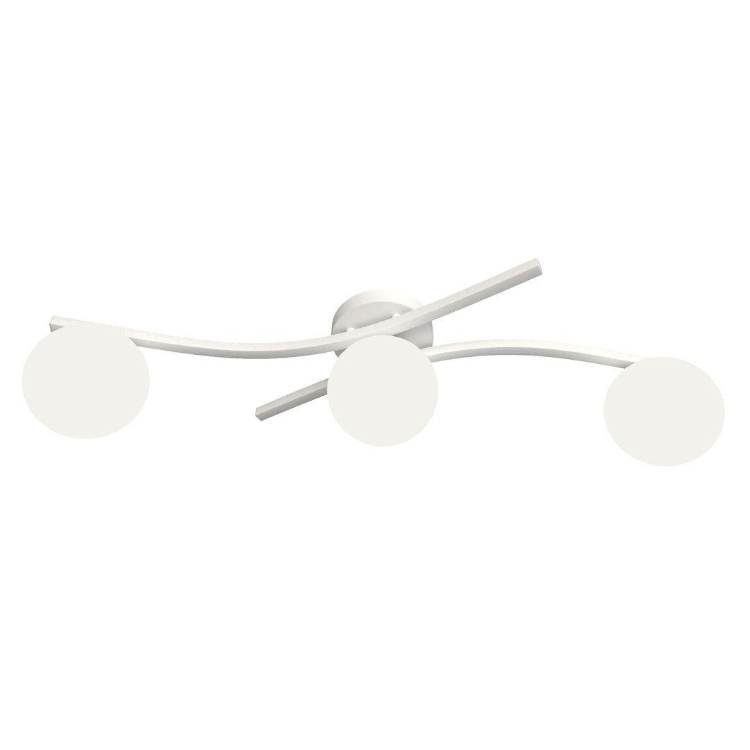 Witte plafondlamp met drie golvende armen en drie ronde matwitte glazen kappen rond een ronde plafondplaat