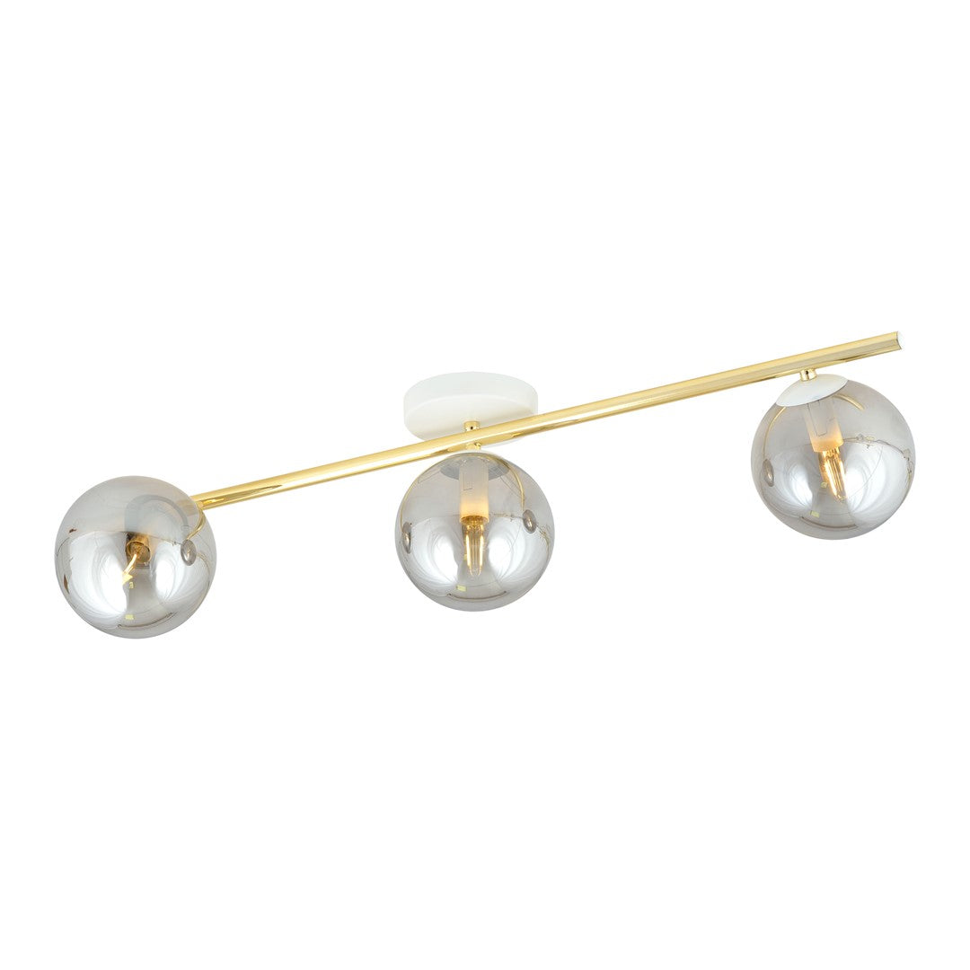 Plafondlamp met gouden buis, witte plafondplaat en drie bolvormige kappen van grafietkleurig glas