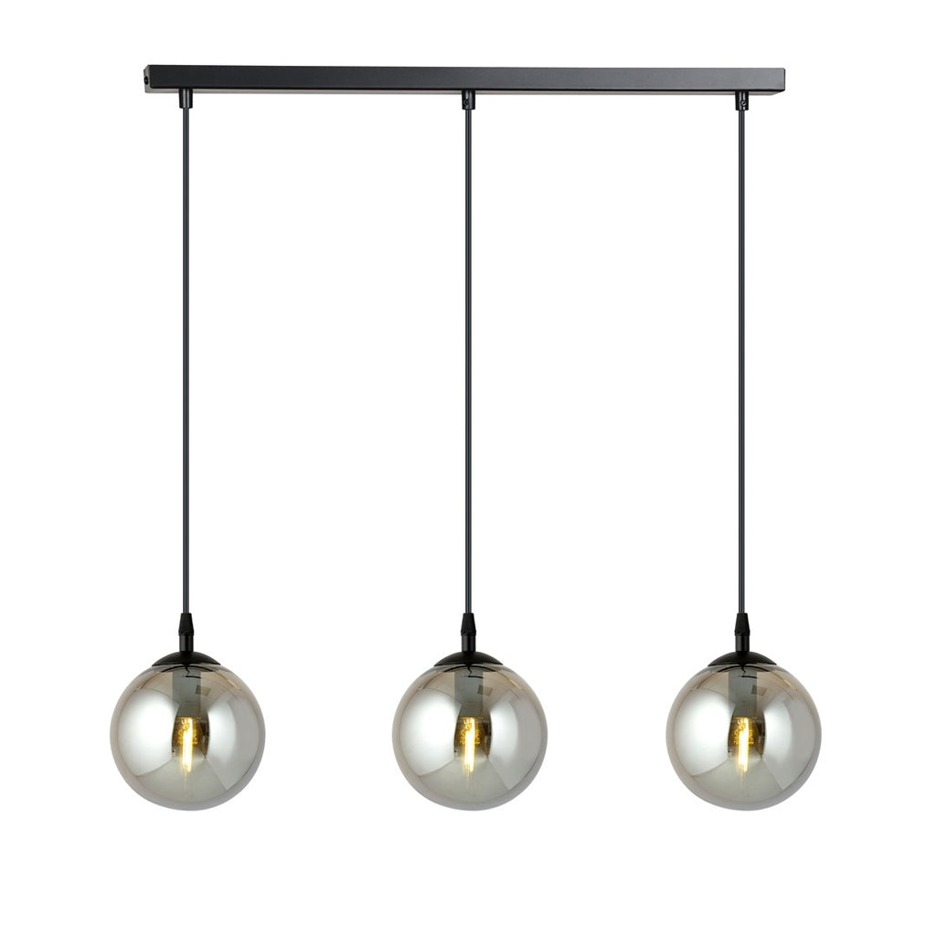 Zwarte hanglamp met drie ronde grafietkleurige glazen kappen aan een rechte zwarte balk