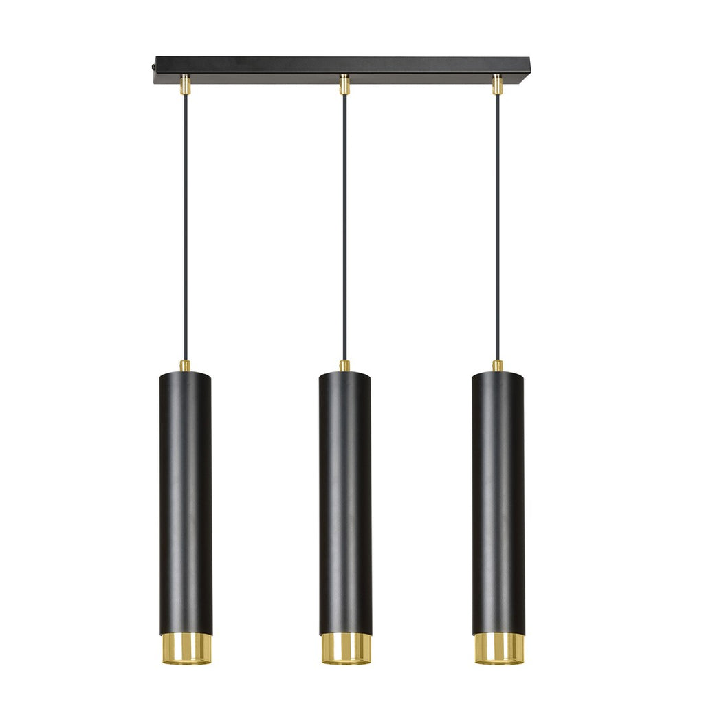 Hanglamp met drie zwarte buisvormige kappen met gouden accenten aan een smalle zwarte plafondbalk