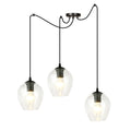 Zwarte hanglamp met drie transparante glazen kappen aan lange zwarte kabels en een ronde plafondplaat