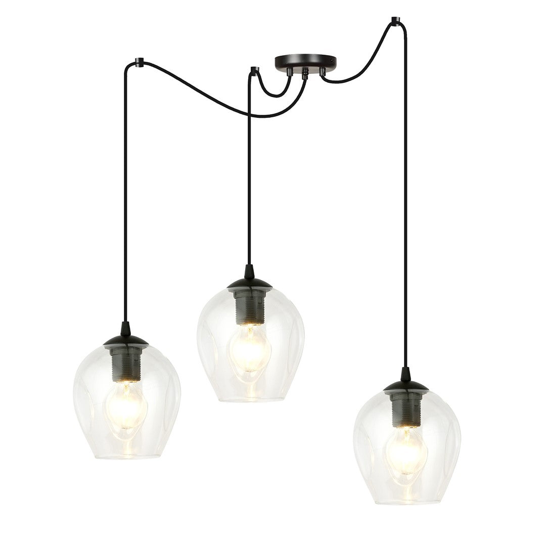 Zwarte hanglamp met drie transparante glazen kappen aan lange zwarte kabels en een ronde plafondplaat