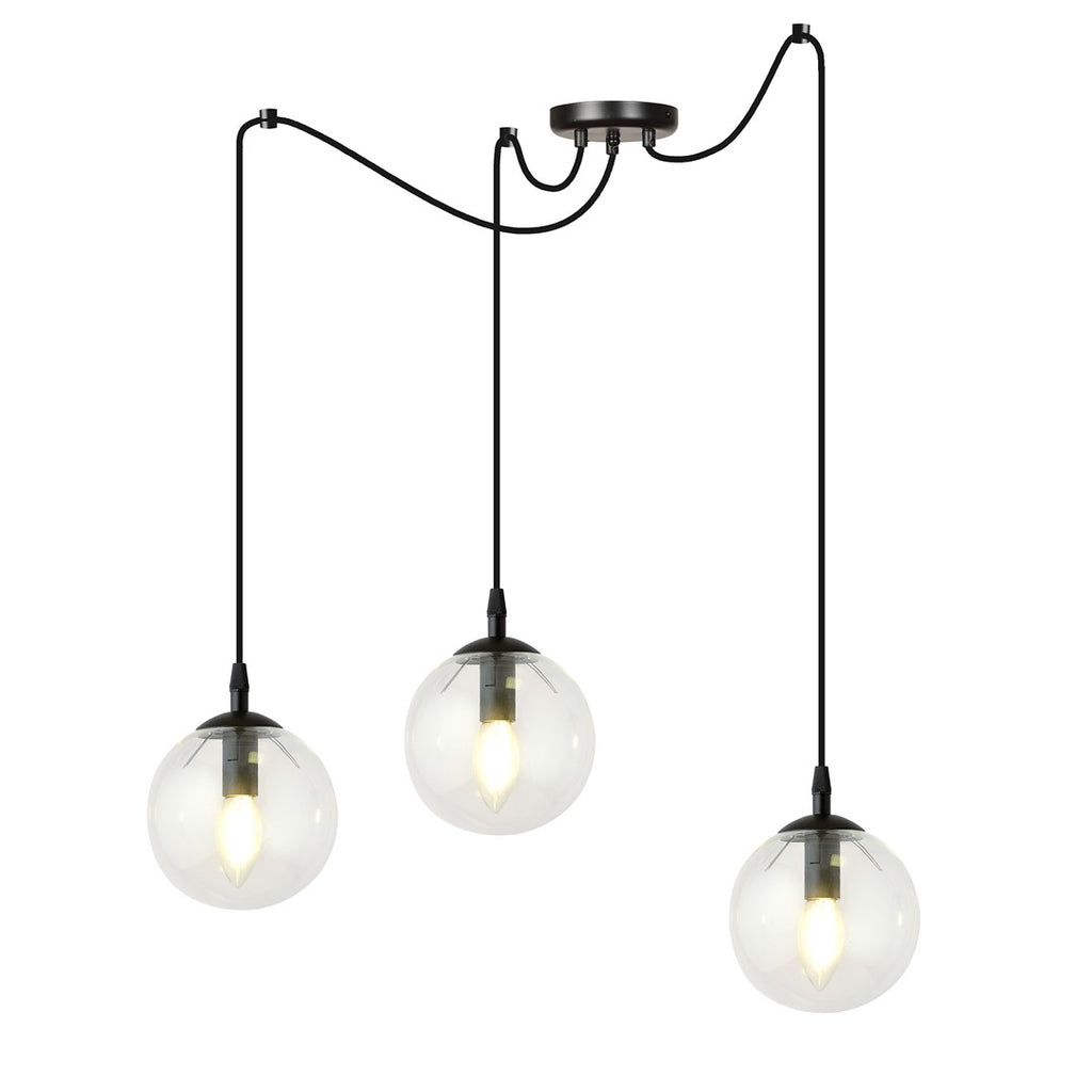 Zwarte hanglamp met drie transparante glazen bolkappen aan zwarte snoeren, met zichtbare ledlampen