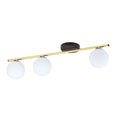 Plafondlamp met gouden balk, zwarte plafondplaat en drie witte glazen bollen