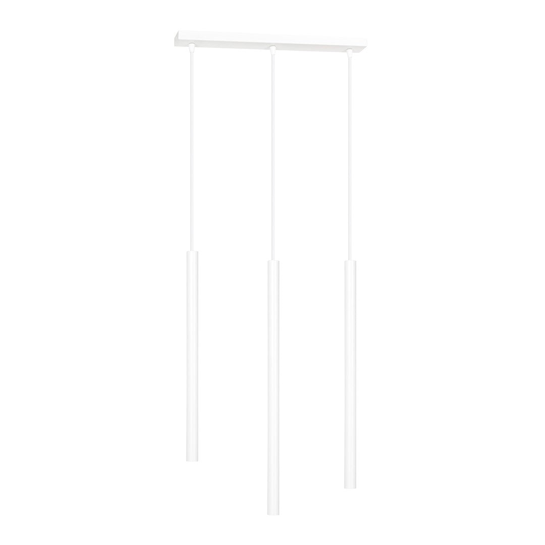 Witte hanglamp met drie lange, slanke buizen aan een smalle rechthoekige plafondplaat