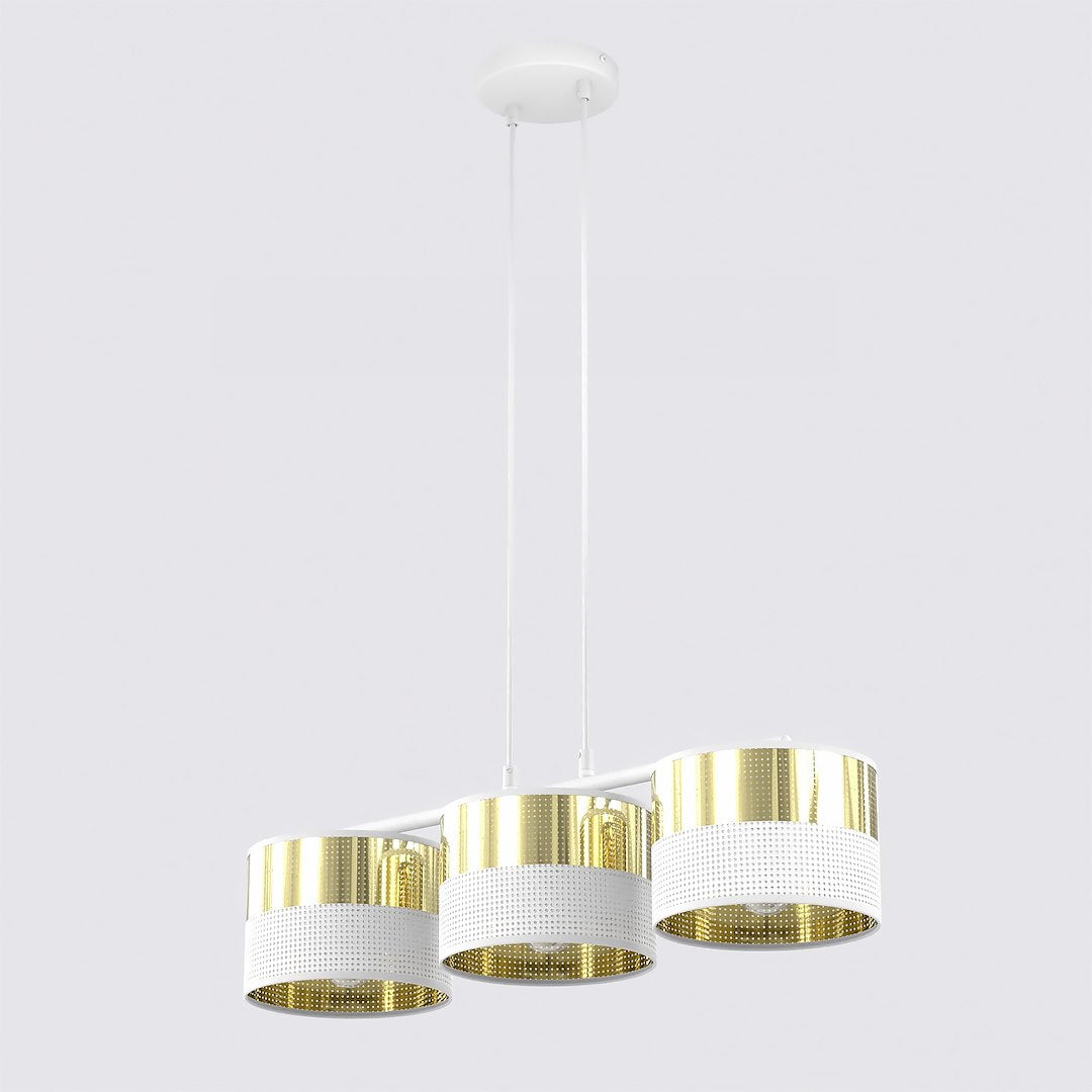 Witte hanglamp met drie cilindrische kappen met goudkleurige accenten en gouden binnenkant, aan twee dunne witte stangen