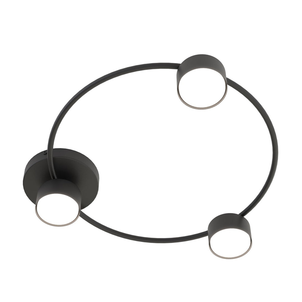 Zwarte plafondlamp met ronde stalen ring en drie cilindervormige spots met witte lichtvlakken