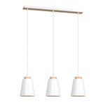 Witte hanglamp met drie stalen kappen met houten accenten aan een langwerpige plafondplaat van hout en wit