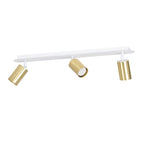 Witte plafondlamp met balk en drie goudkleurige cilindervormige spots