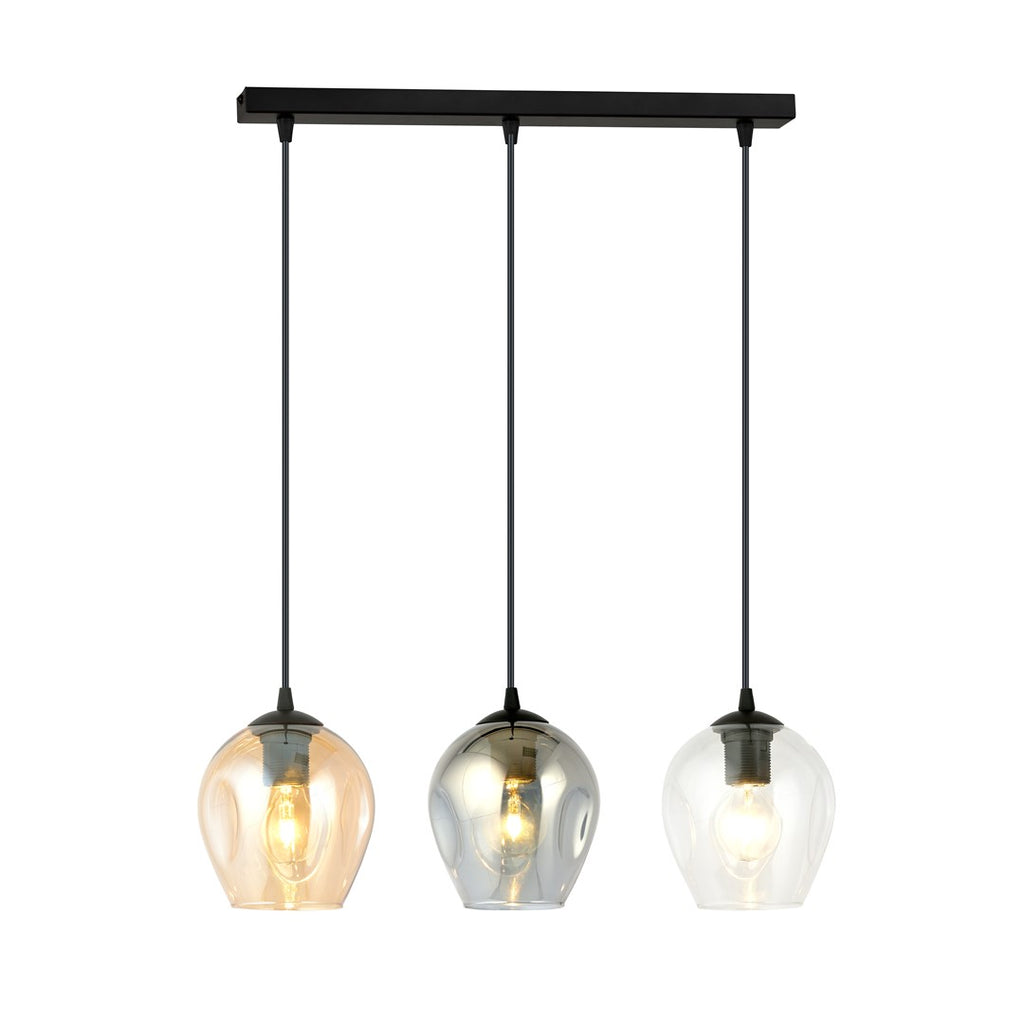 Zwarte hanglamp met drie glazen kappen in amber, grafiet en transparant aan een rechte balk