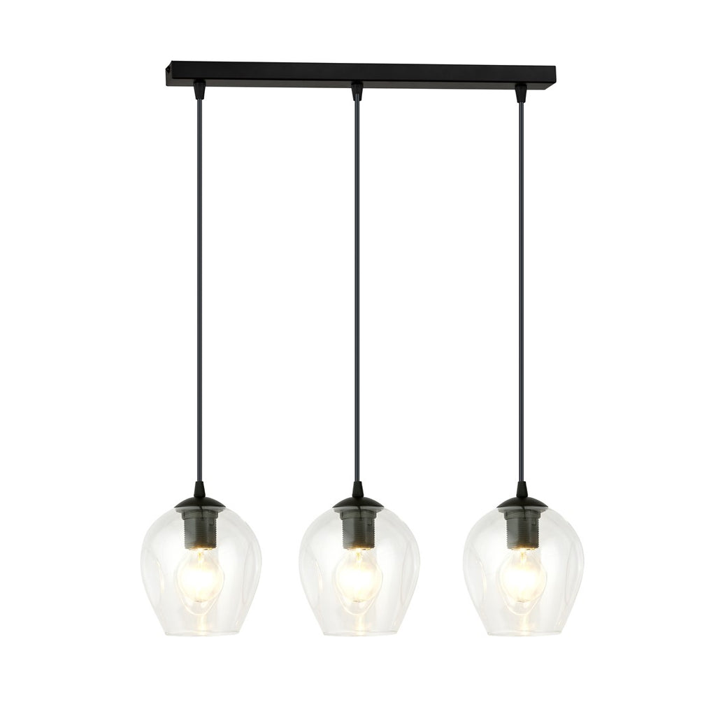 Hanglamp met zwarte balk en drie transparante glazen kappen met brandende lampen