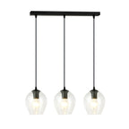 Hanglamp met zwarte balk en drie transparante glazen kappen met brandende lampen