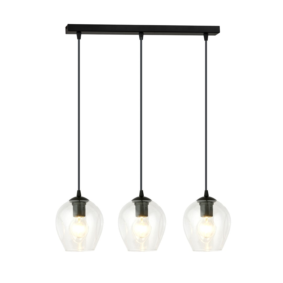 Hanglamp met zwarte balk en drie transparante glazen kappen met brandende lampen