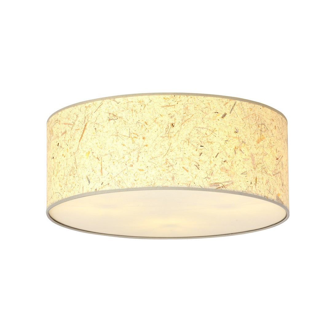 Ronde plafondlamp met lichte kap met zichtbare vezels en een matte diffusor aan de onderkant