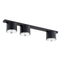 Zwarte plafondlamp met drie ronde spots op een smalle balk met chroomkleurige reflectoren